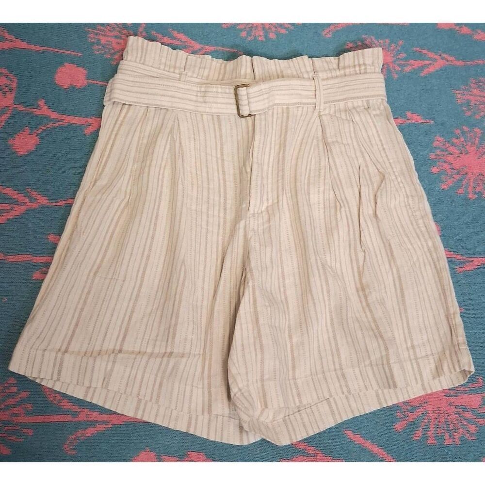 Banana Republic womens size 6 hi waist shorts linen stripe tan cream oatmeal